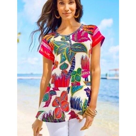 Soft‎ Surroundings Womens M Tigerwood Tunic Top Artsy Boho Coastal Resort Beach - Picture 2 of 11